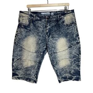 Mecca Stretch Fit Denim Men's Moto Shorts Sz 36 Biker Acid Wash Distressed Blue